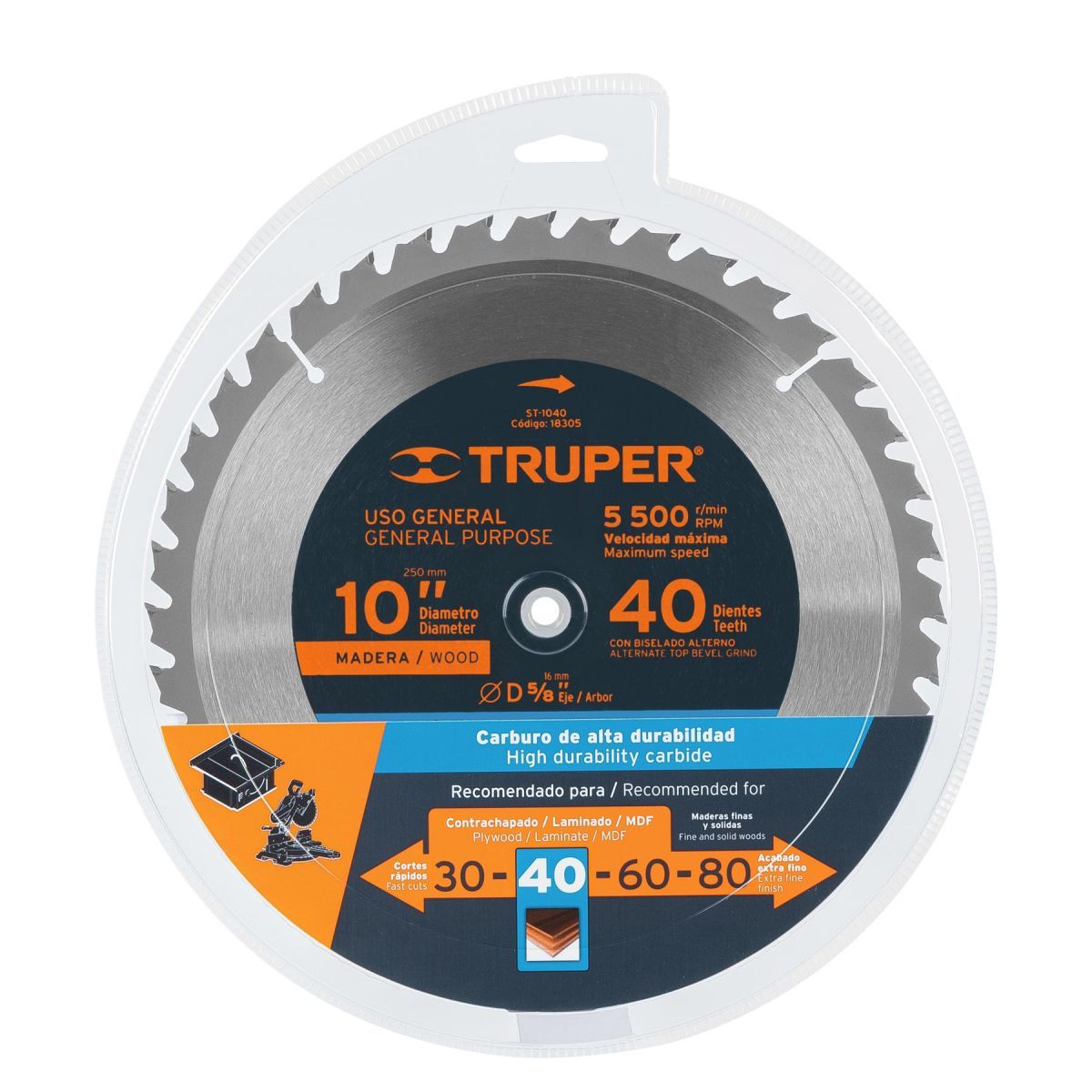 TRUPER - Disco sierra 10" eje 5/8" para Madera 40 Dientes TRUPER