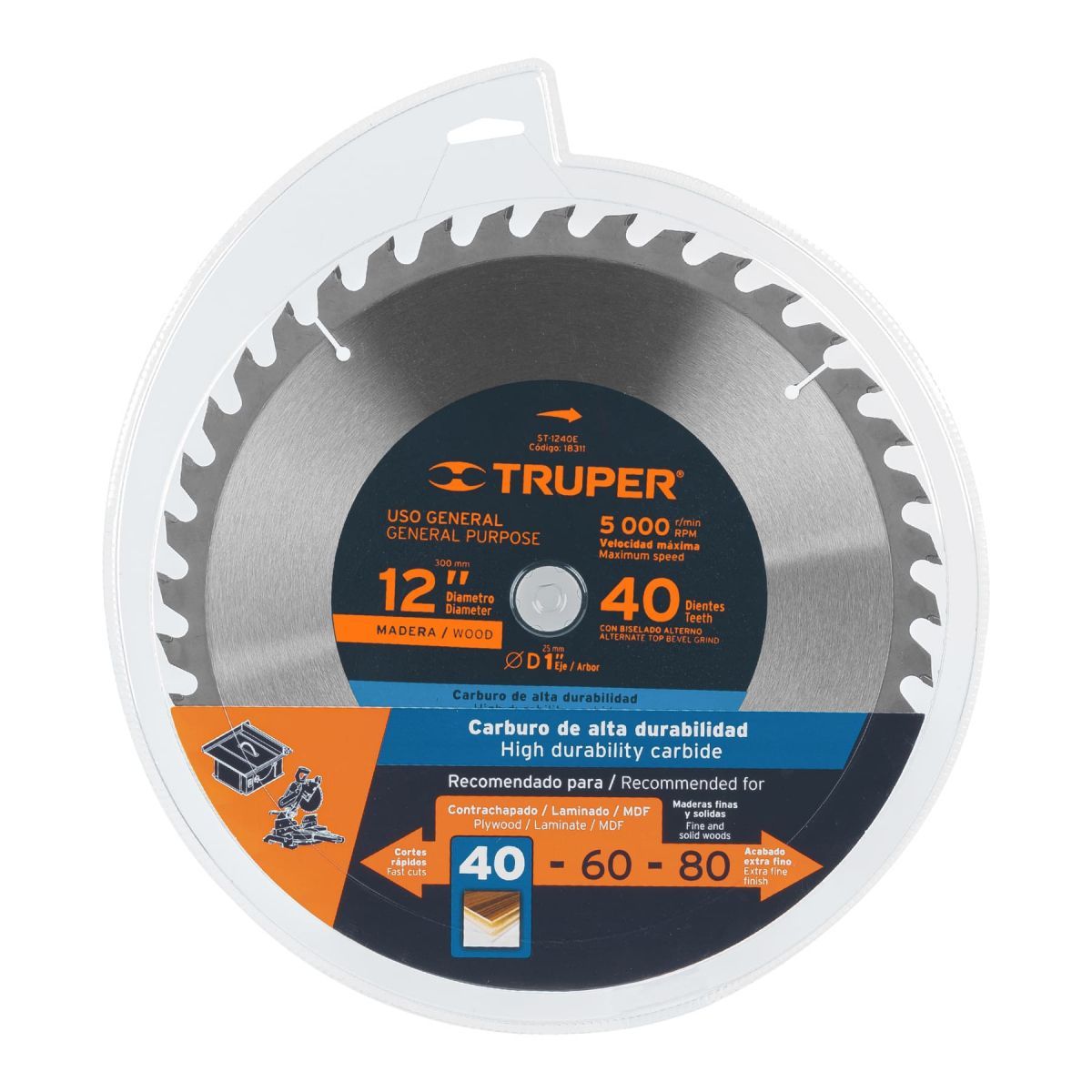 TRUPER - Disco sierra 12" eje 1" para Madera 40 Dientes TRUPER