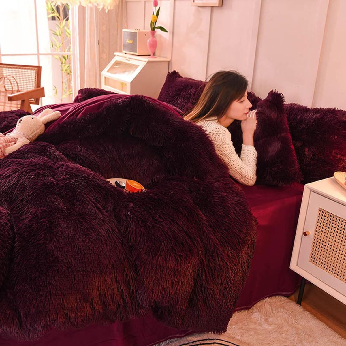 GENERICO - EDREDÓN PIEL DE OSO KING + 2 FUNDAS DE ALMOHADA Vino Tinto