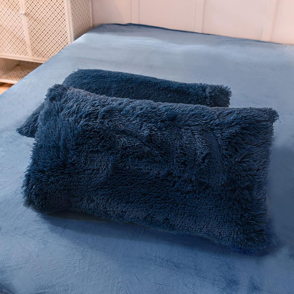 GENERICO - EDREDÓN PIEL DE OSO KING + 2 FUNDAS DE ALMOHADA AZUL MARINO