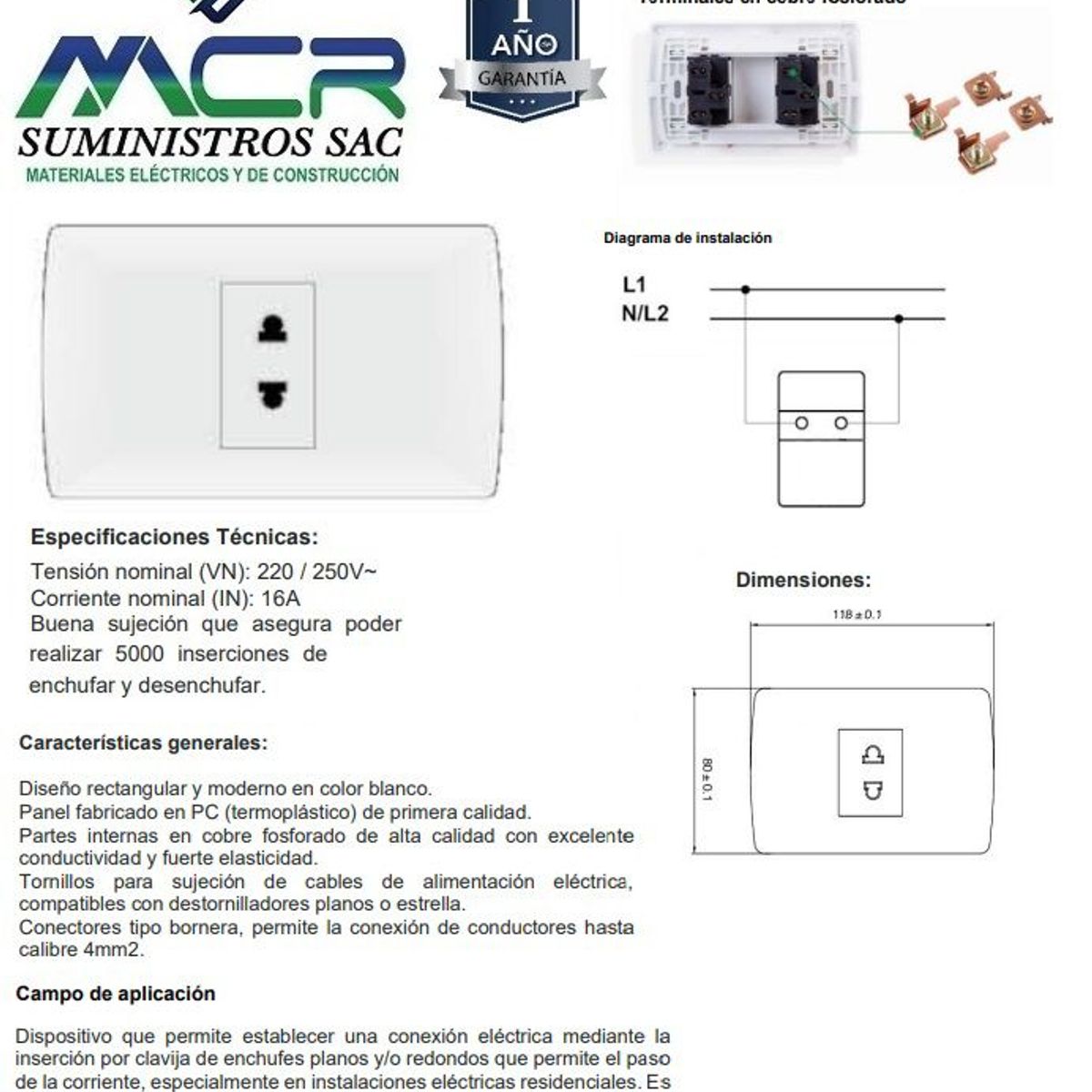GENERICO - Tomacorriente simple universal blanco x 2und