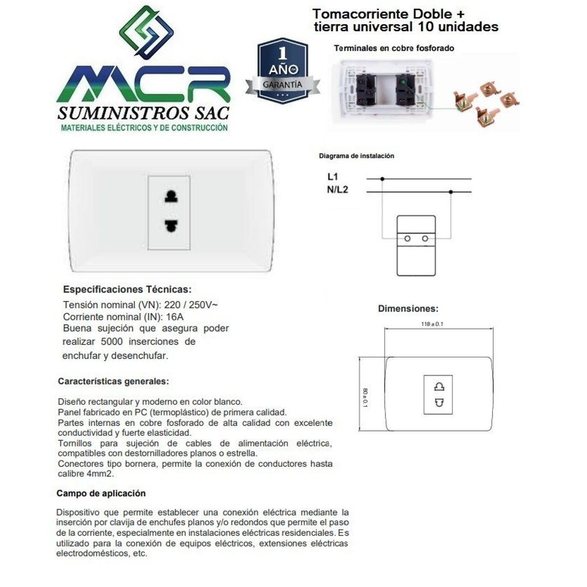 GENERICO - Tomacorriente simple universal blanco x 2und