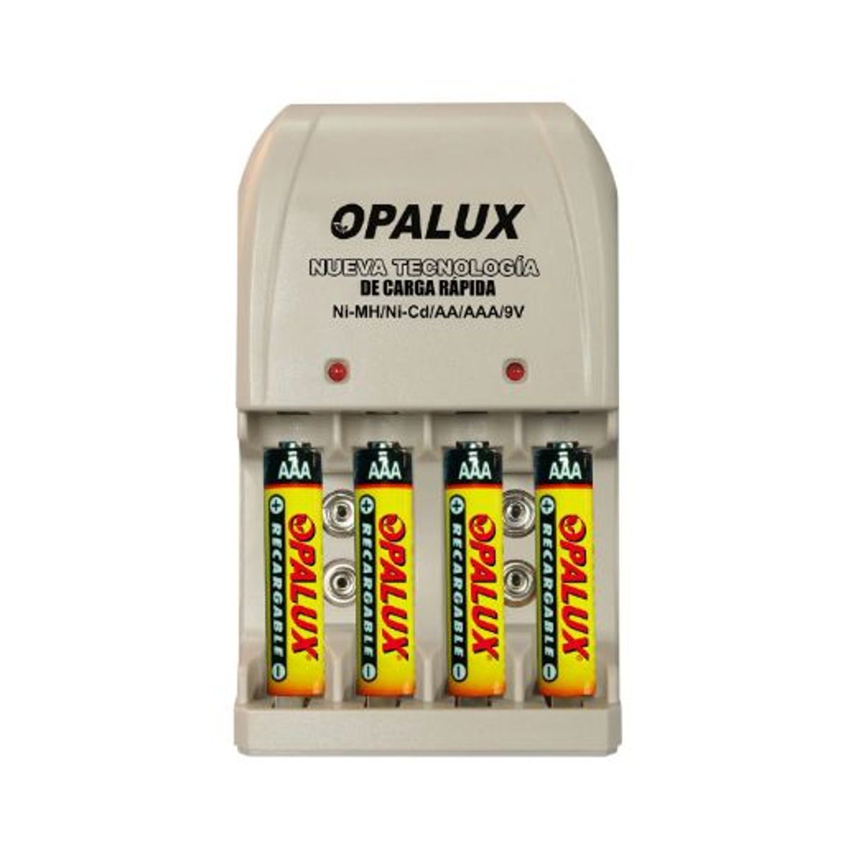 OPALUX - Kit Cargador de Pilas AA/AAA/9V con 4 Pilas AAA NiMH Recargables