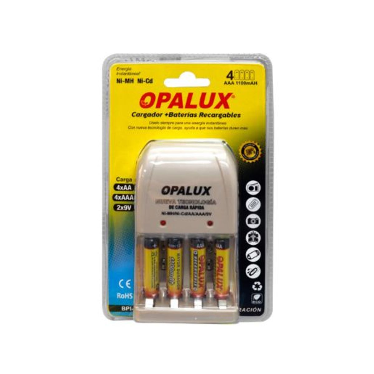 OPALUX - Kit Cargador de Pilas AA/AAA/9V con 4 Pilas AAA NiMH Recargables