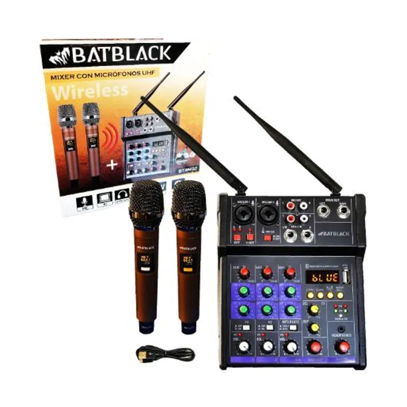 BATBLACK - Mixer con Micrófonos Inalámbricos UHF y Bluetooth BT-M4G2 BATBLACK
