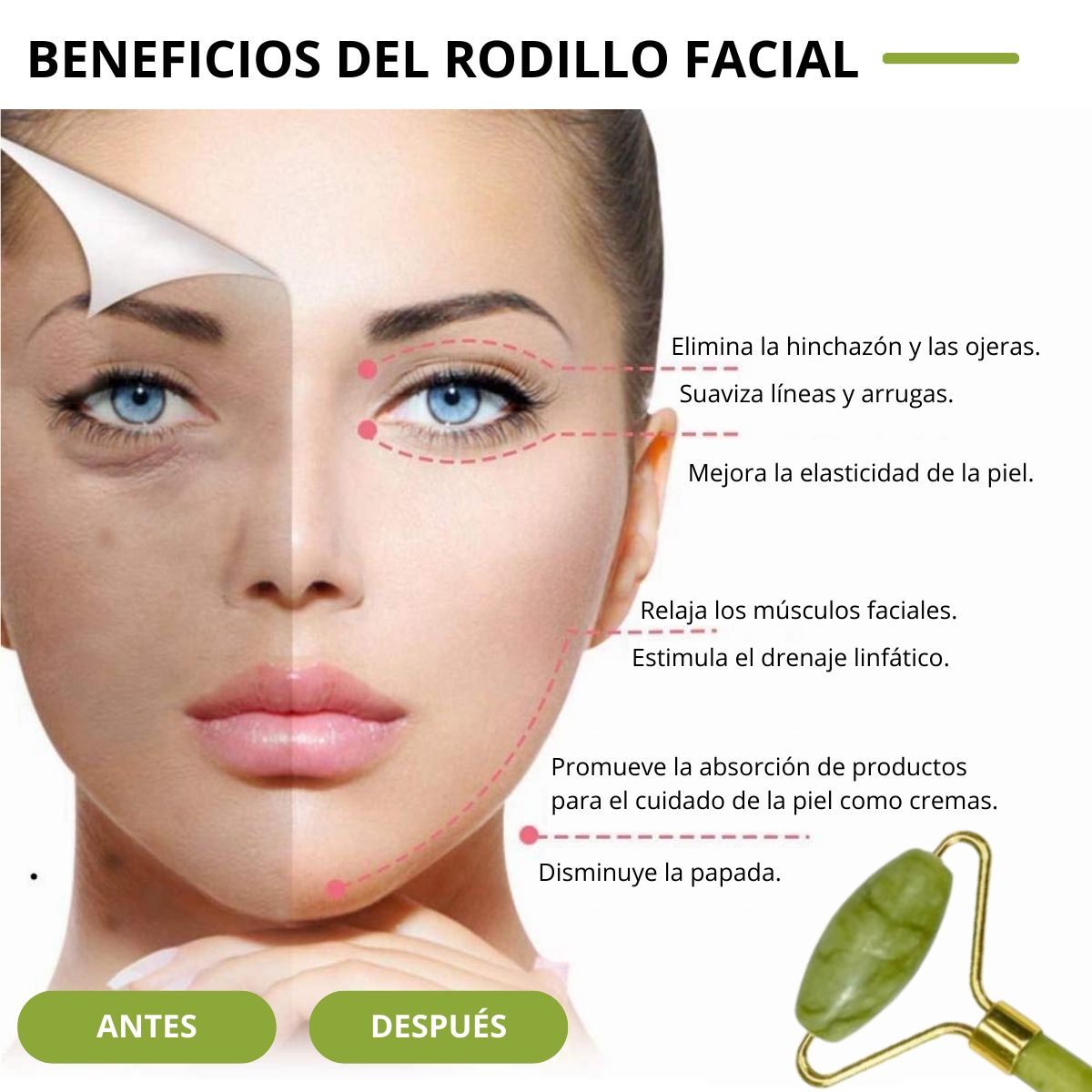 GENERICO - Masajeador Facial Rodillo de Jade Natural Gua Sha