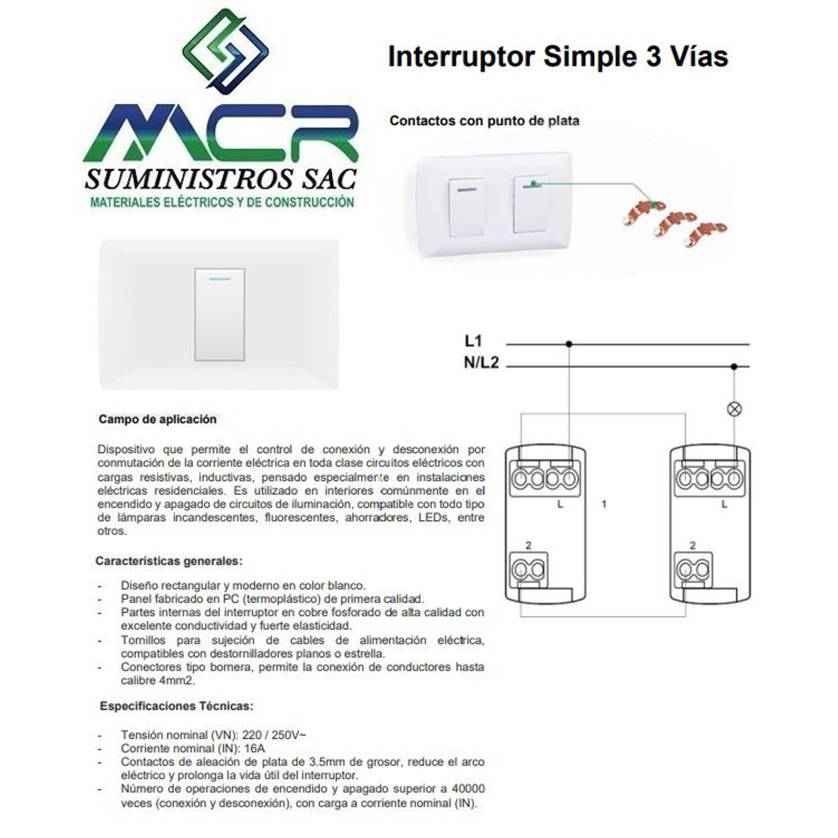 GENERICO - INTERRUPTOR SIMPLE DE 3 VIAS BLANCO