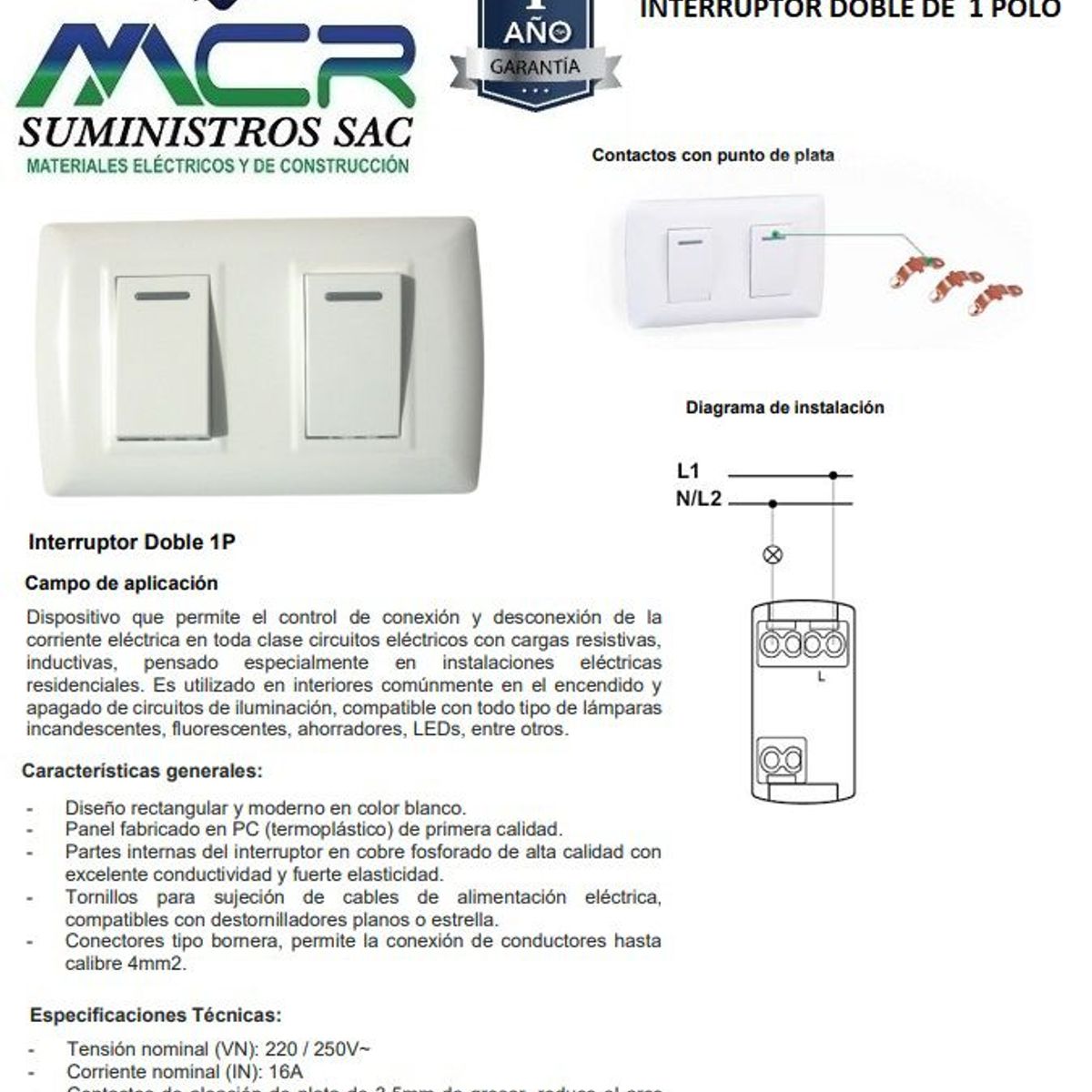 GENERICO - INTERRUPTOR DOBLE BLANCO 1 POLO