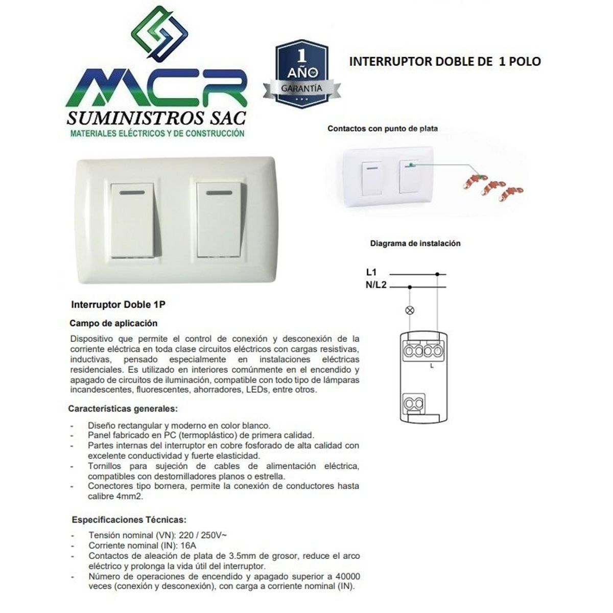 GENERICO - INTERRUPTOR DOBLE BLANCO 1 POLO