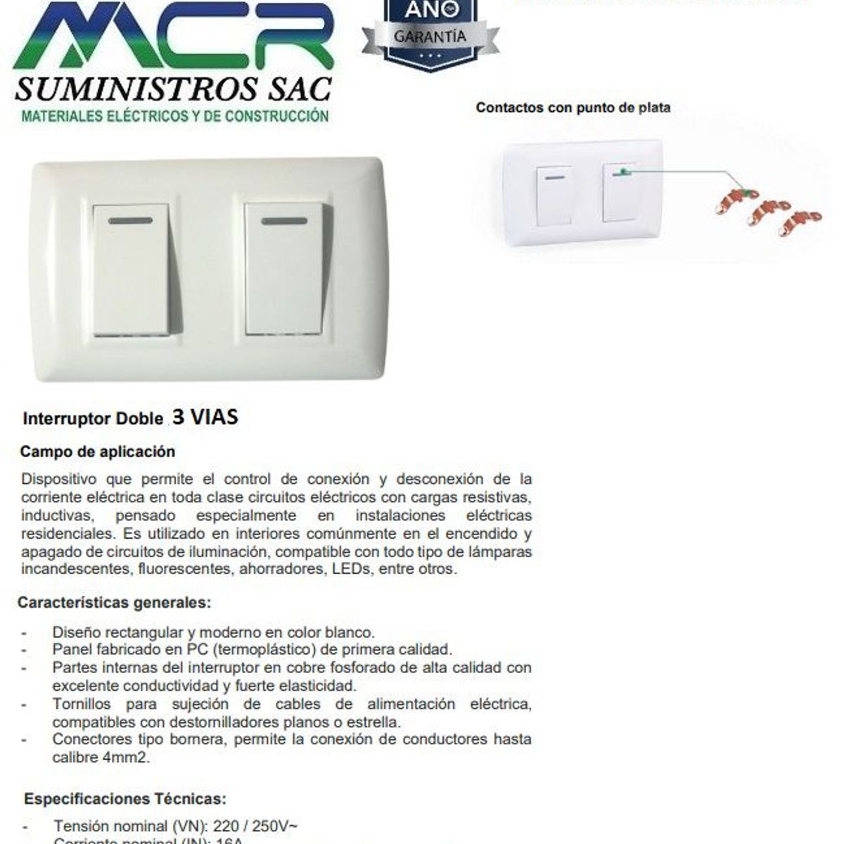 GENERICO - INTERRUPTOR DOBLE BLANCO 3 VIAS PACK 10 UNIDADES