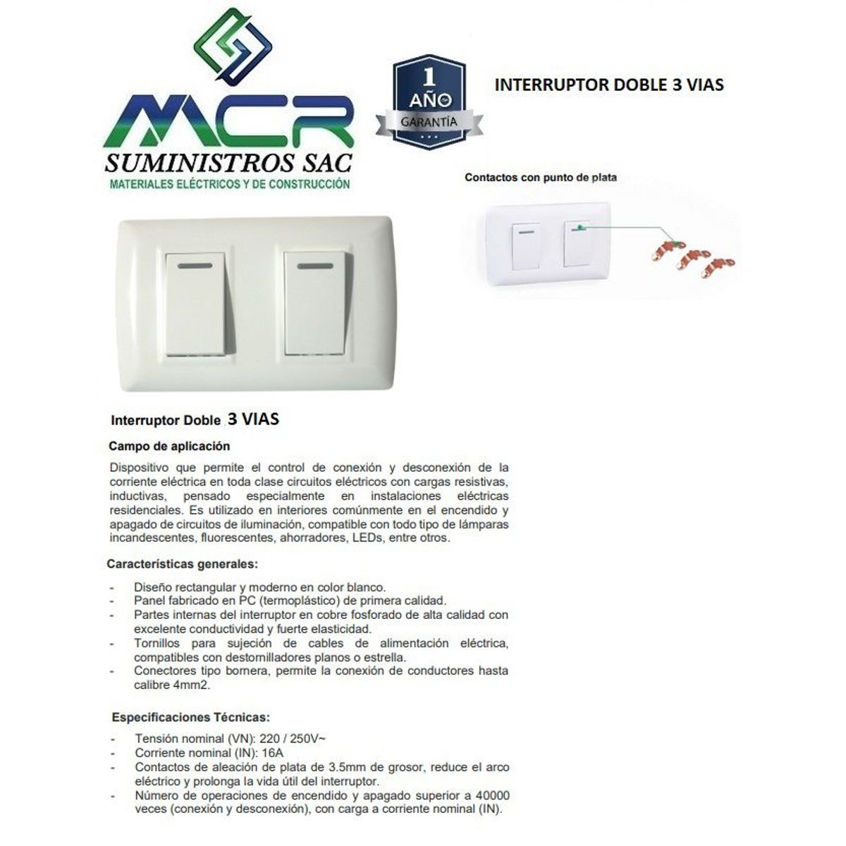 GENERICO - INTERRUPTOR DOBLE BLANCO 3 VIAS X 2UND