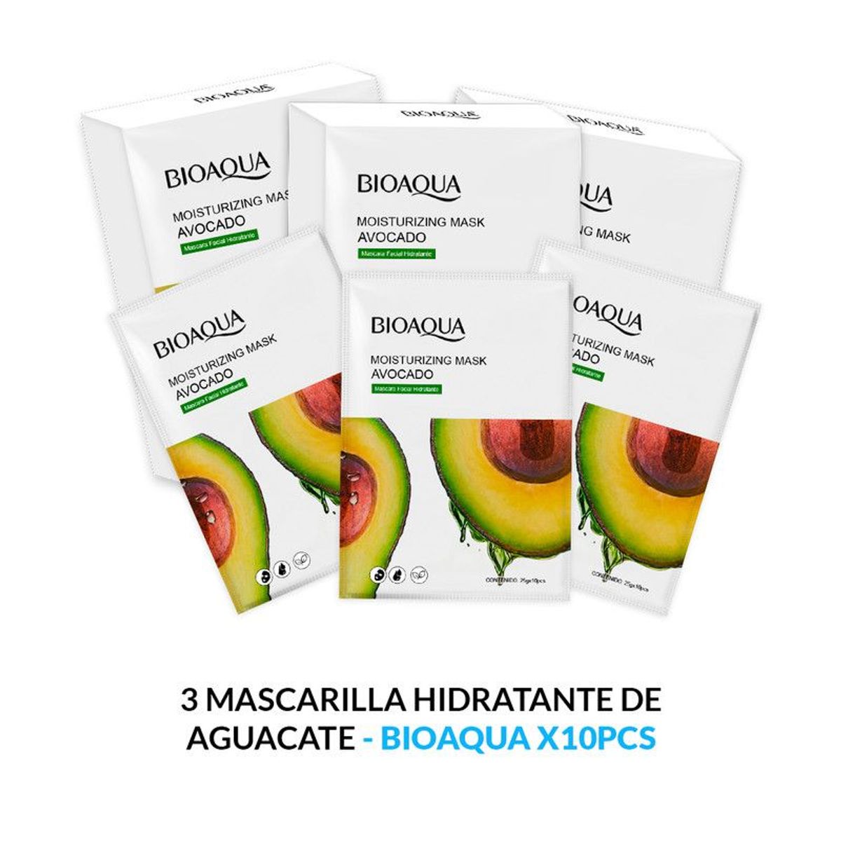 BIOAQUA - Mascarilla Facial Hidratante De Aguacate 10Pcs Bioaqua 25Gr 3 Unidades