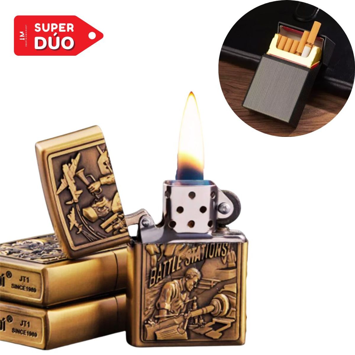 INSPIRA MARKET - Encendedor de Metal Tipo Zippo y Caja porta cigarrillos