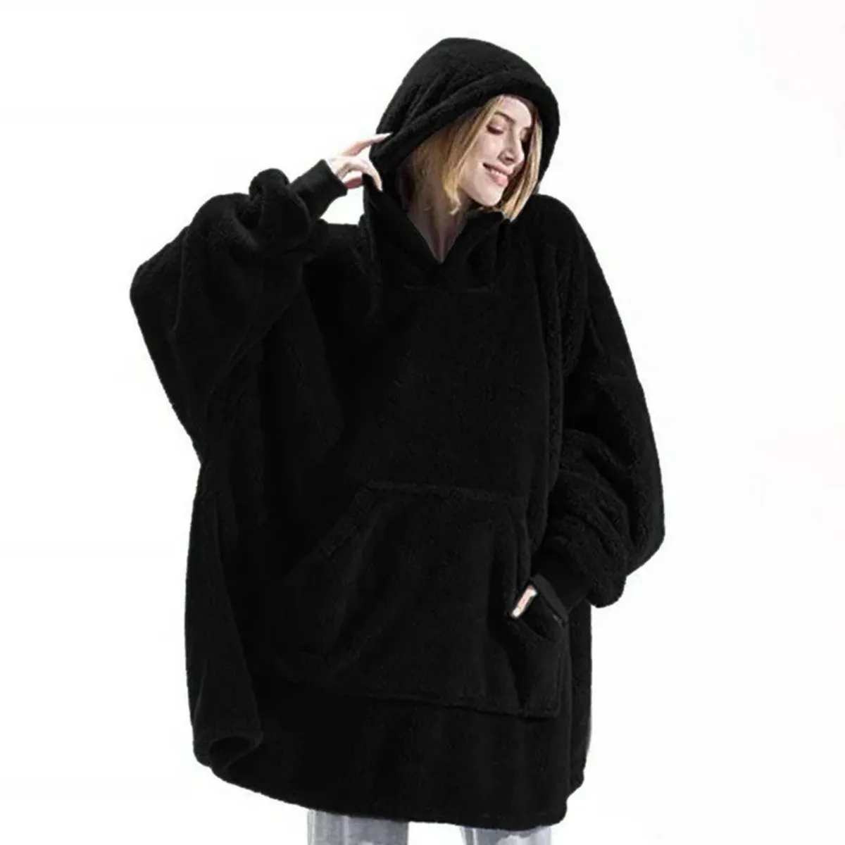 OEM - POLERÓN CALENTADOR ADULTO HUGGLE HODDIE- NEGRO- OVERSIZE