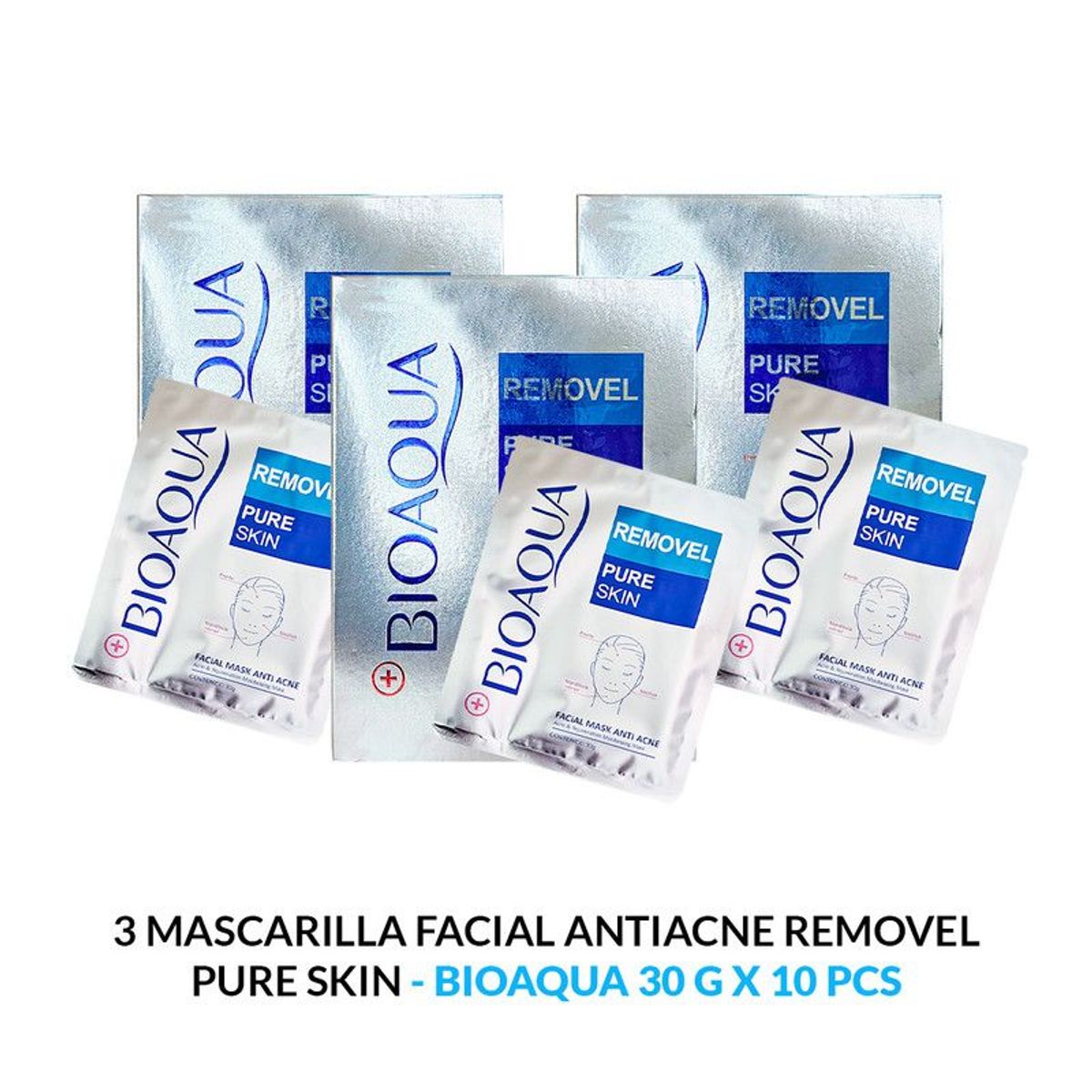 BIOAQUA - Mascarilla Facial Antiacne Removel Pure Skin 10 Pcs Bioaqua 30Gr 3Pack