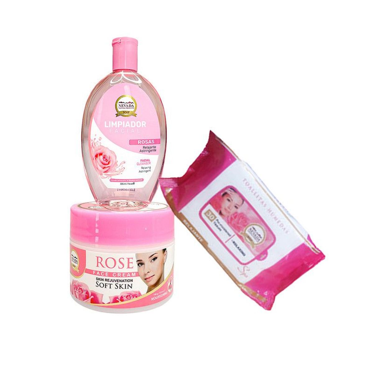 NEVADA NATURAL PRODUCTS - Combo De Rosas Toalla Humedas Limpiador y Crema Facial Nevada