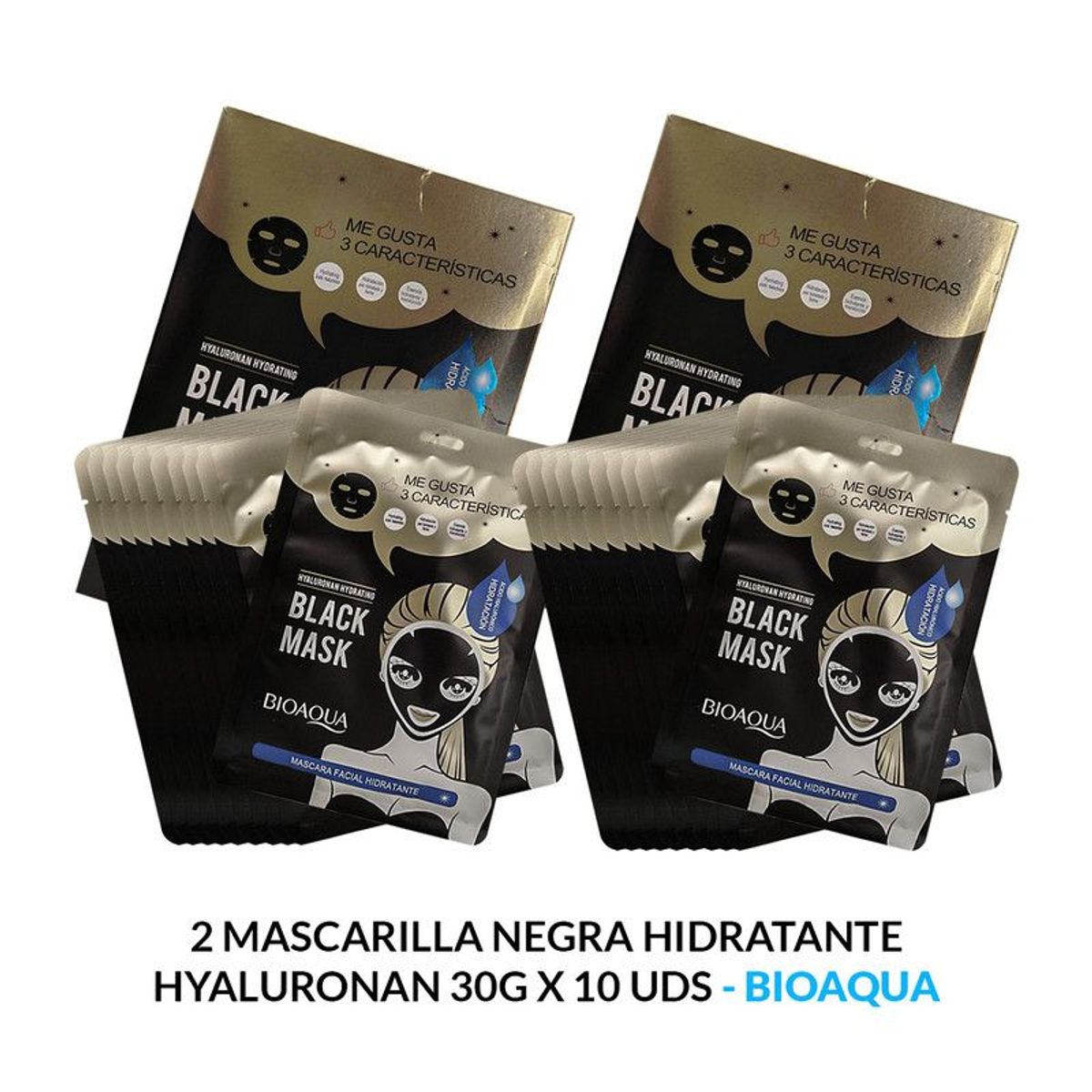 BIOAQUA - Mascarilla Negra Hidratante Hyaluronan 10 Uds Bioaqua 30Gr 2 Unidades