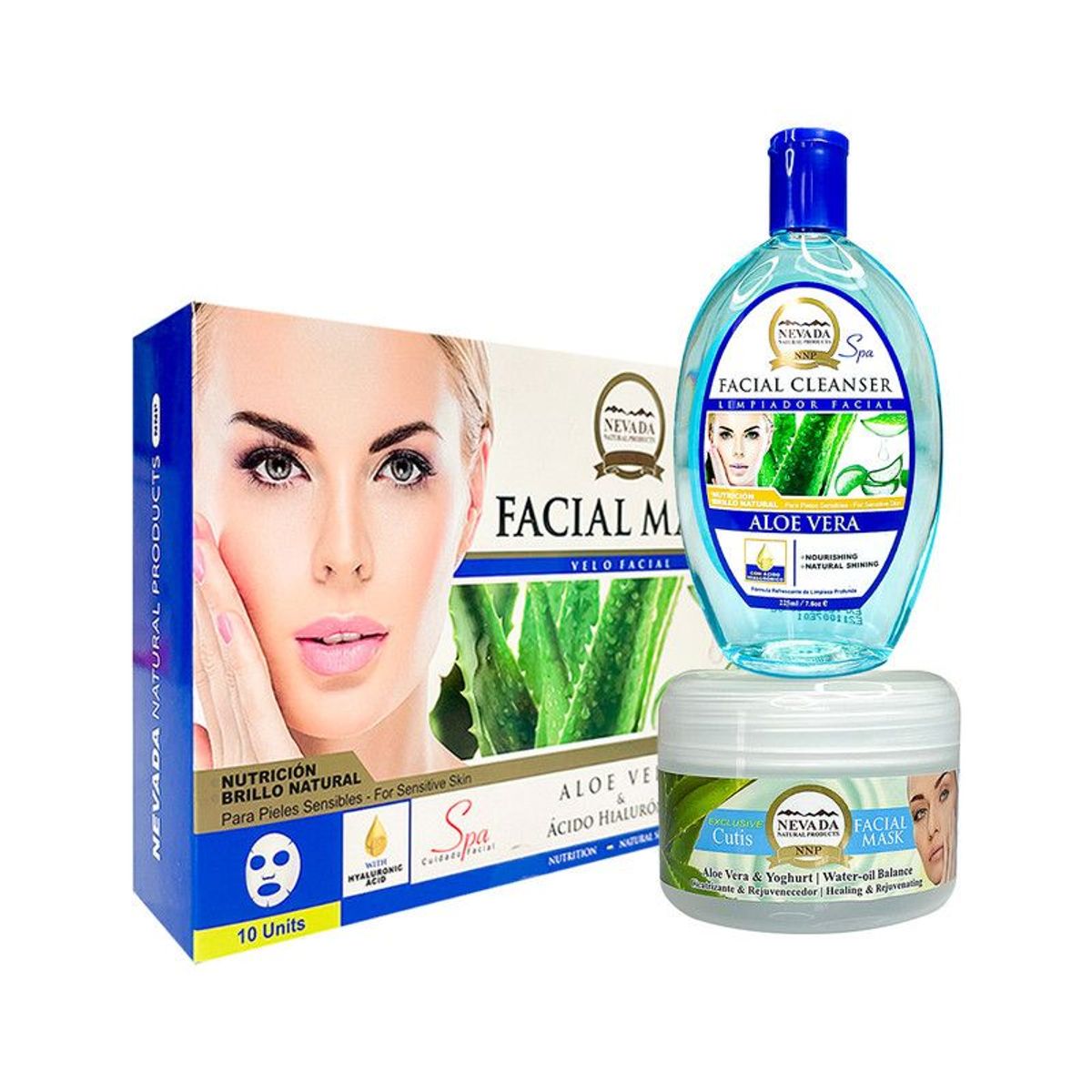 NEVADA NATURAL PRODUCTS - Crema Facial + Limpiador + Mascarilla Facia Aloe Vera Nevada