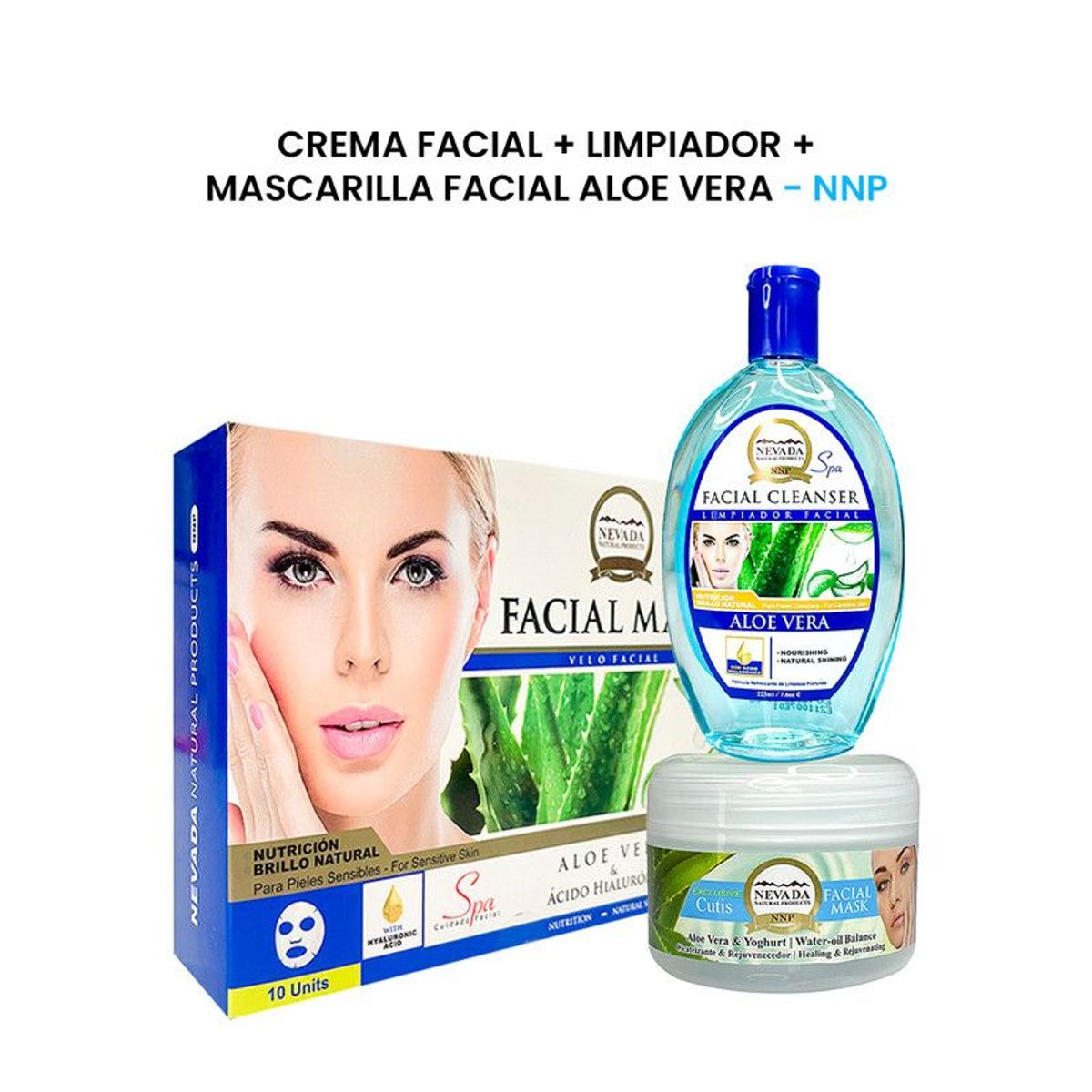 NEVADA NATURAL PRODUCTS - Crema Facial + Limpiador + Mascarilla Facia Aloe Vera Nevada