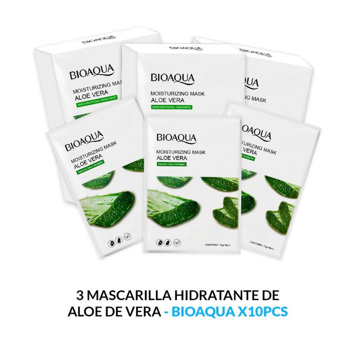 BIOAQUA - Mascarilla Facial Hidratante De Aloe 10Pcs Bioaqua 25Gr 3 Unidades