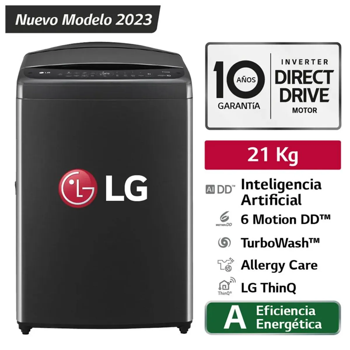 LG - Lavadora LG  21Kg - AI DD™ - ThinQ - 6 Motion DD™ Carga Superior Negro Plateado WT21PBV6