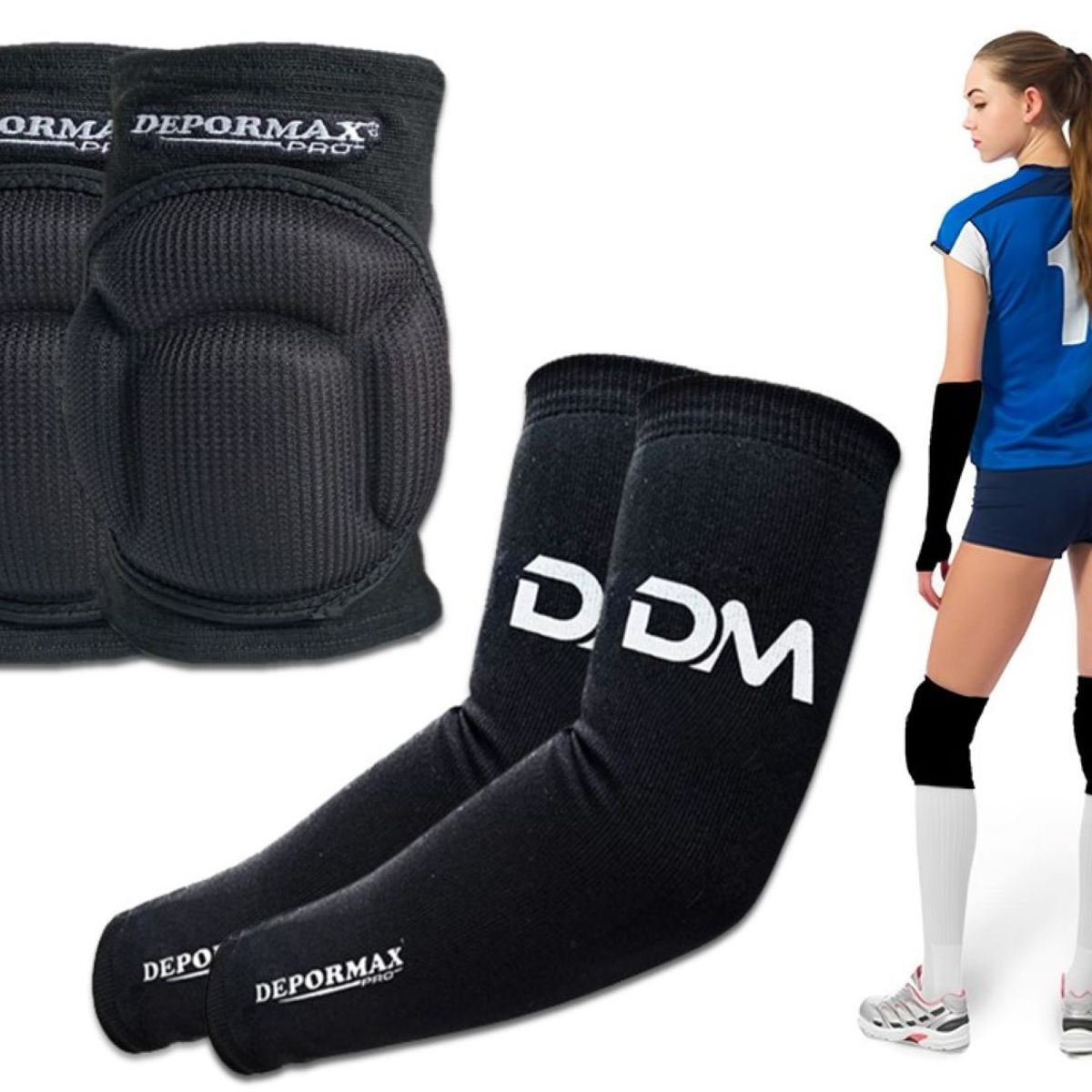 GENERICO - KIT VÓLEY RODILLERAS MANGAS COLOR NEGRO TALLA L