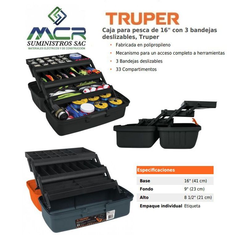 TRUPER - Caja para pesca de 16" con 3 bandejas deslizables Truper