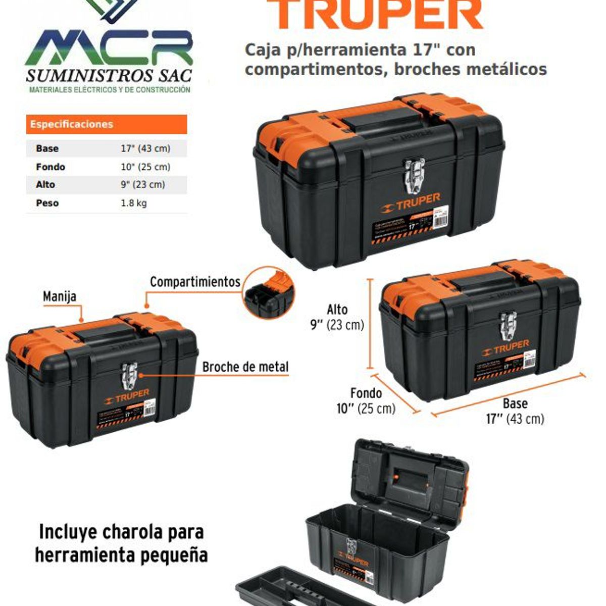 TRUPER - Caja porta herramientas 17 pulgadas con compartimentos