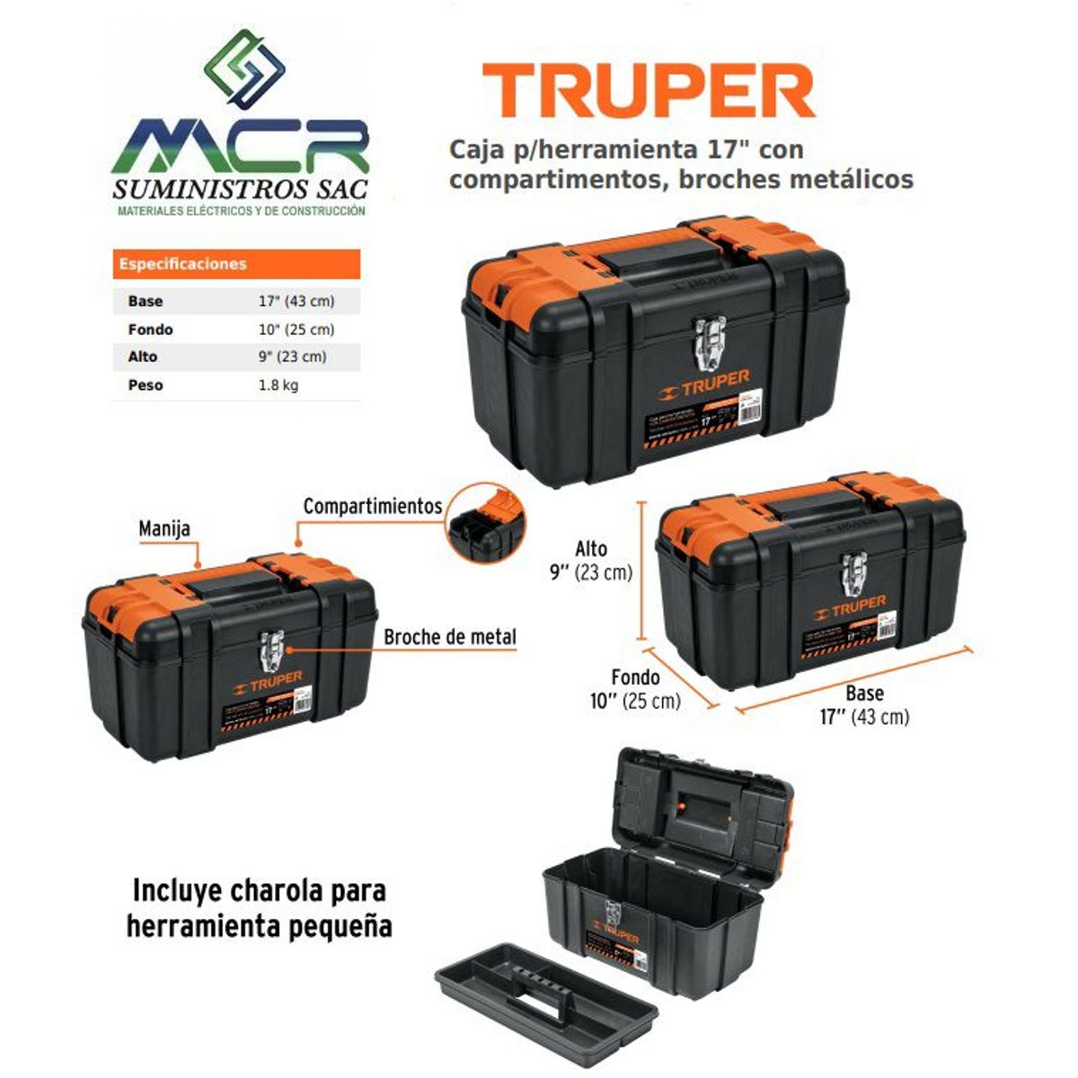 TRUPER - Caja porta herramientas 17 pulgadas con compartimentos