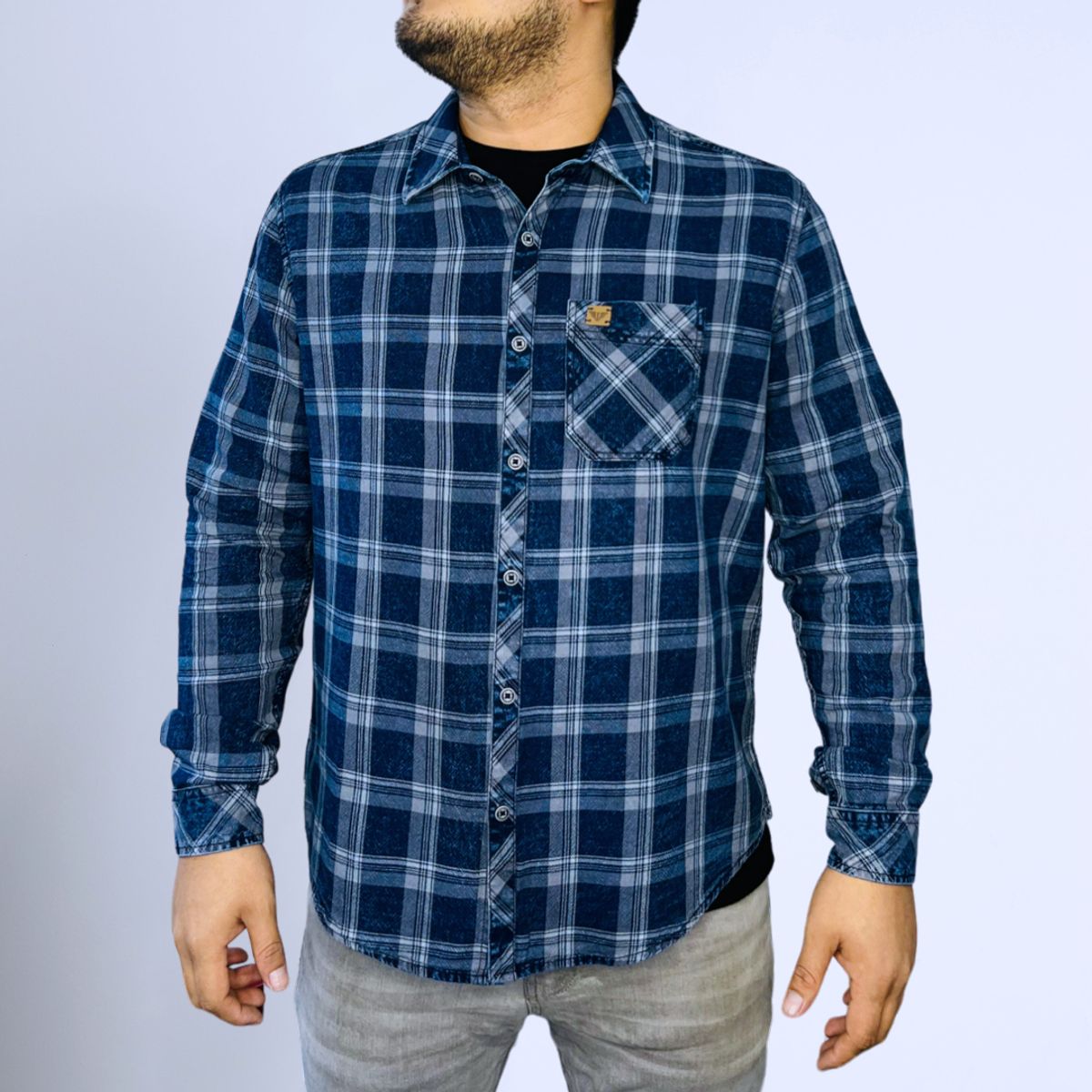 ISAGUE - Camisa Indigo Denim Cuadros Manga Larga Hombre Isague