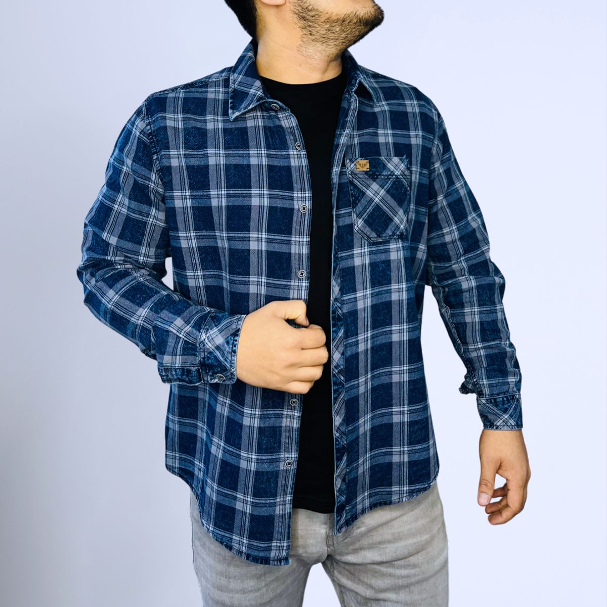 ISAGUE - Camisa Indigo Denim Cuadros Manga Larga Hombre Isague