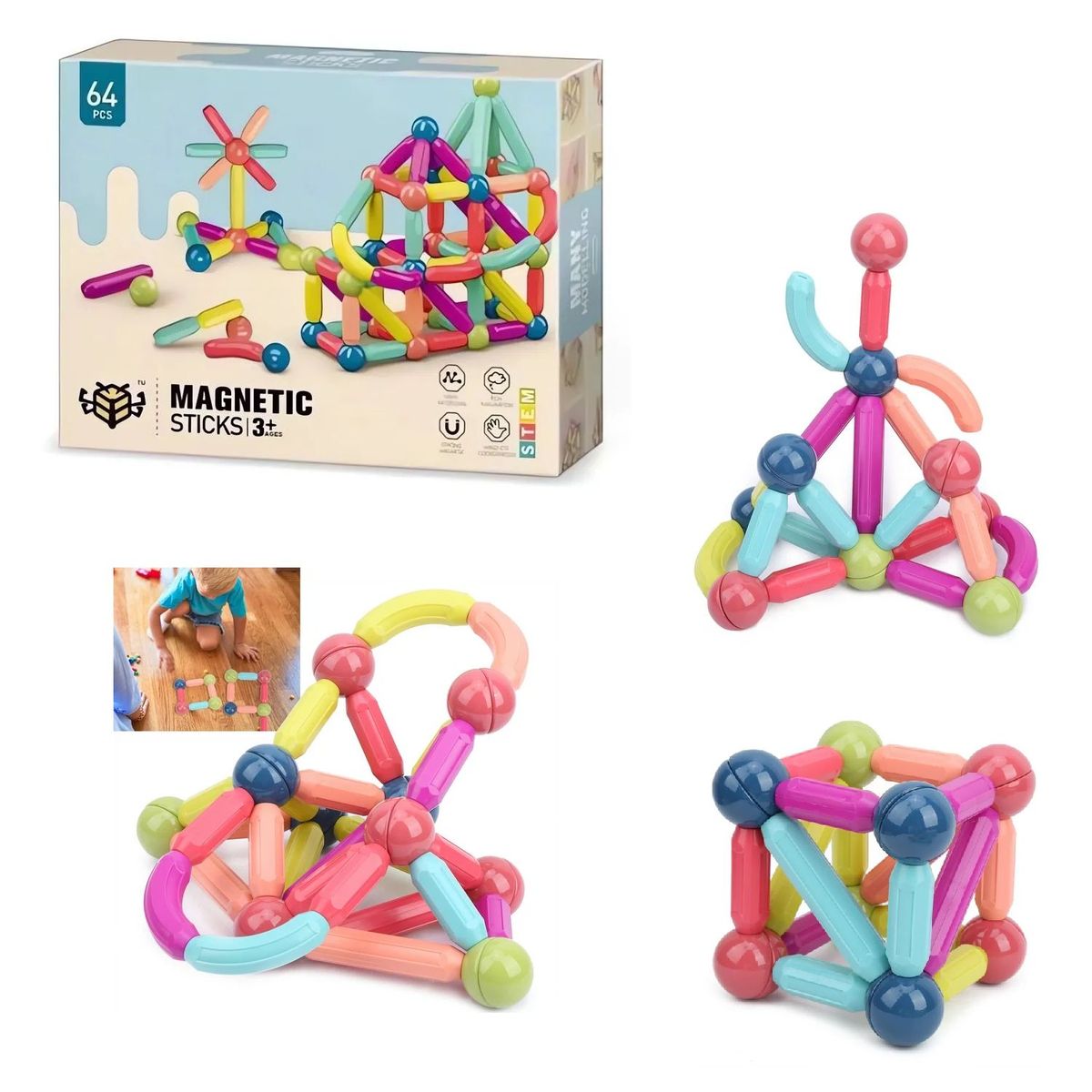 GENERICO - Juego Didáctico Bloques Magnéticos-64 Pcs