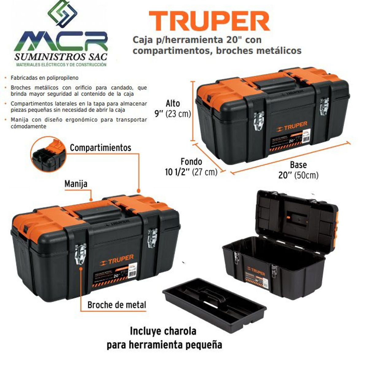 TRUPER - Caja para herramienta 20 PULG compartimient broches metálicO