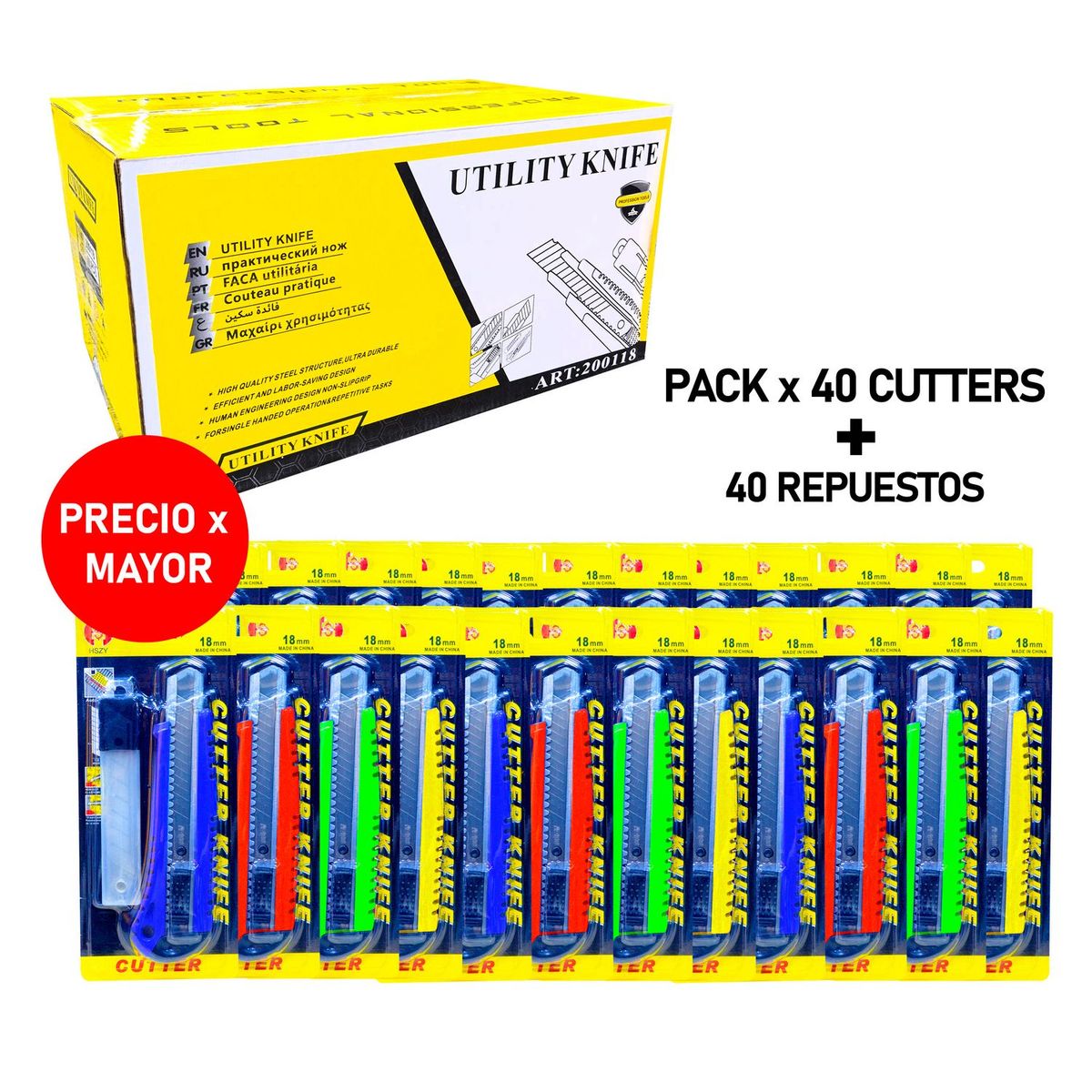 SM - CAJA DE 40 CUCHILLAS CUTTER 6''+ 3 HOJAS DE REPUESTO 18MM- POR MAYOR