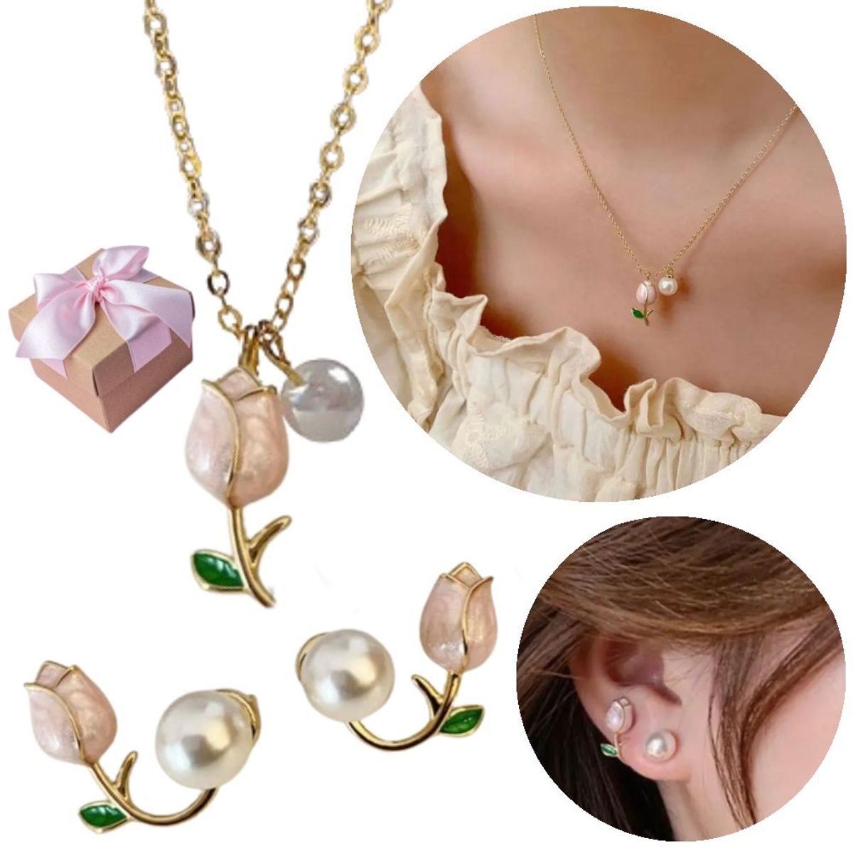 NO LOGO - Collar Y Aretes De Tulipan Con Perla Diseño Unico