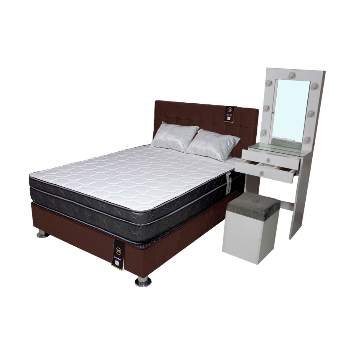 BARAKA HOME - Dormitorio Coquette 1.5 Plz + Cabecera + Tocador + Puff - Chocolate