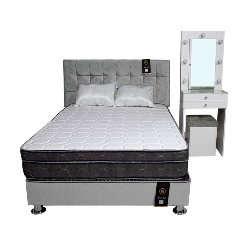 BARAKA HOME - Dormitorio Coquette 1.5 Plz + Cabecera + Tocador + Puff - Gris Claro