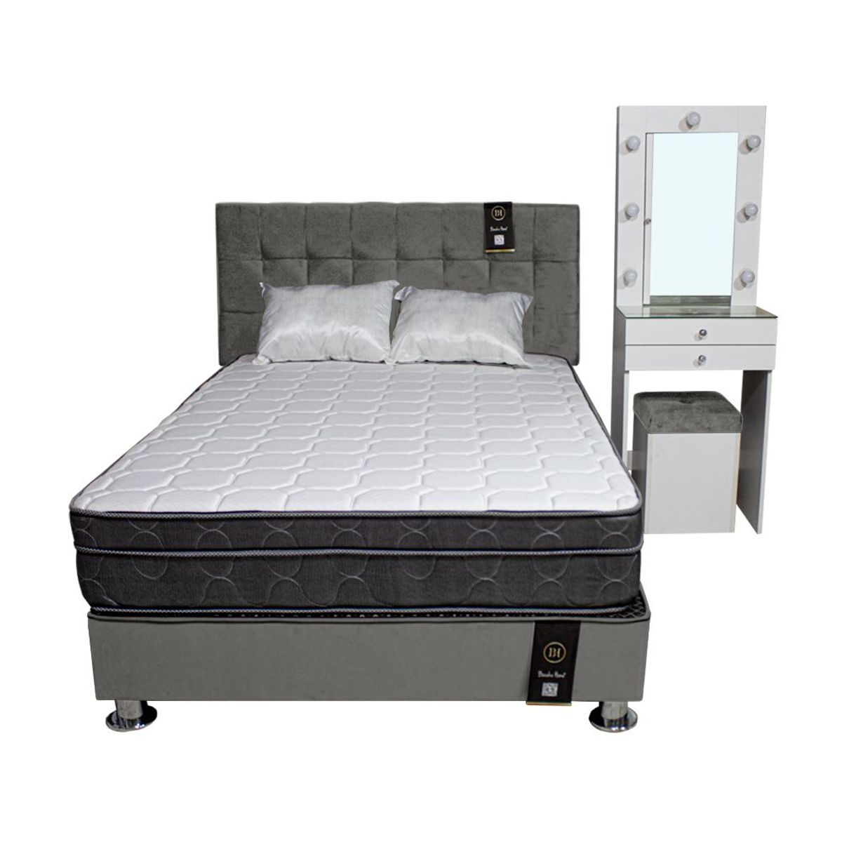 BARAKA HOME - Dormitorio Coquette 1.5 Plz + Cabecera + Tocador + Puff - Gris Oscuro
