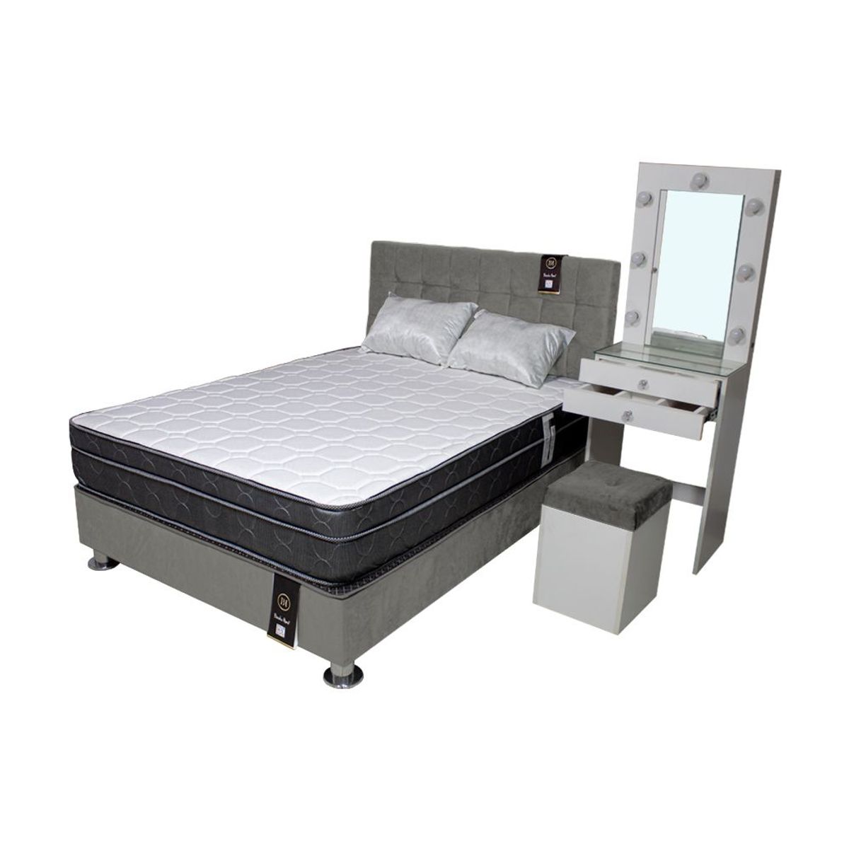 BARAKA HOME - Dormitorio Coquette 1.5 Plz + Cabecera + Tocador + Puff - Gris Oscuro