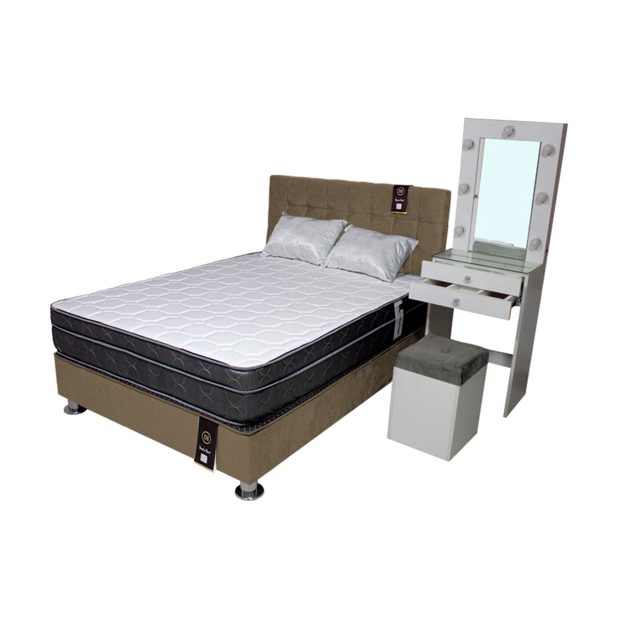 BARAKA HOME - Dormitorio Coquette 1.5 Plz + Cabecera + Tocador + Puff - Beige Oscuro