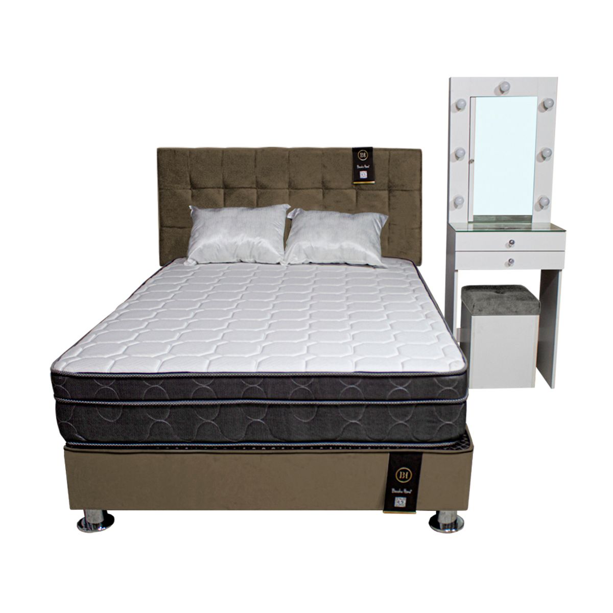 BARAKA HOME - Dormitorio Coquette 1.5 Plz + Cabecera + Tocador + Puff - Beige Oscuro
