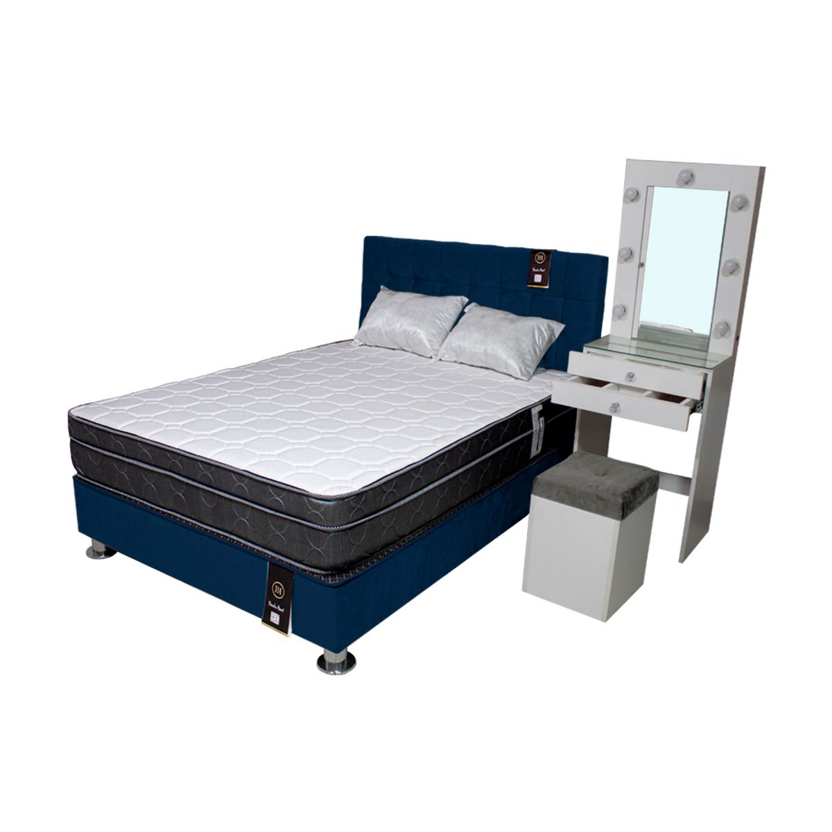 BARAKA HOME - Dormitorio Coquette 1.5 Plz + Cabecera + Tocador + Puff - Azul Marino