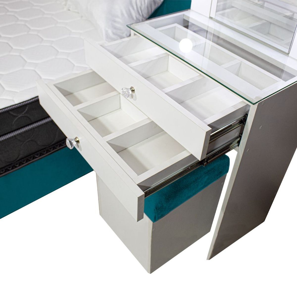 BARAKA HOME - Dormitorio Coquette 1.5 Plz + Cabecera + Tocador + Puff - Cobalto