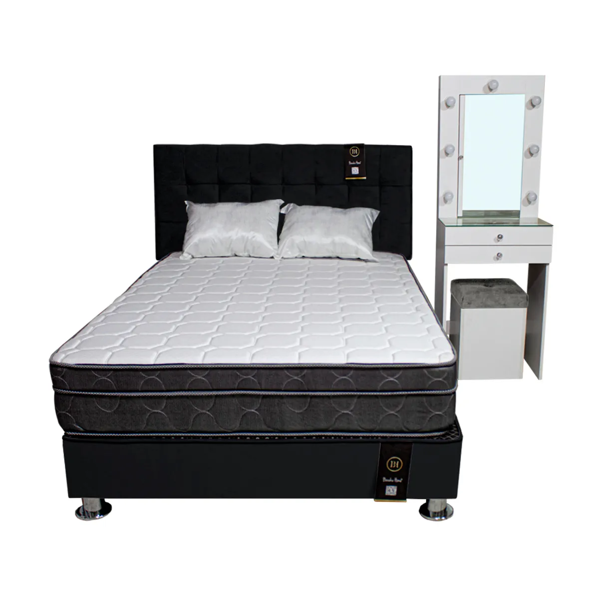 BARAKA HOME - Dormitorio Coquette 2 Plz + Cabecera + Tocador + Puff - Negro