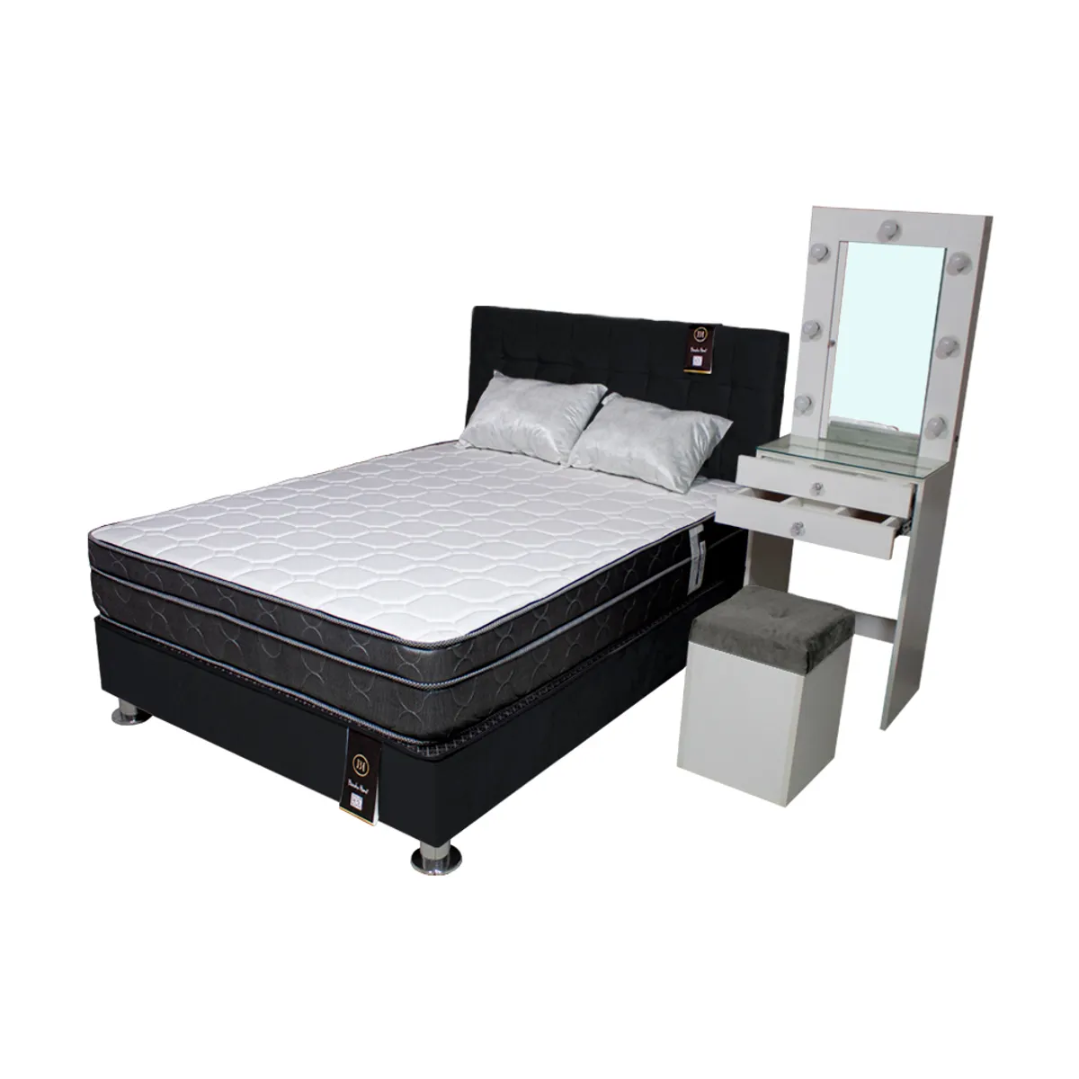 BARAKA HOME - Dormitorio Coquette 2 Plz + Cabecera + Tocador + Puff - Negro