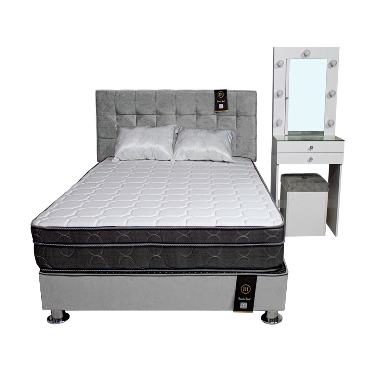 BARAKA HOME - Dormitorio Coquette 2 Plz + Cabecera + Tocador + Puff - Gris Claro