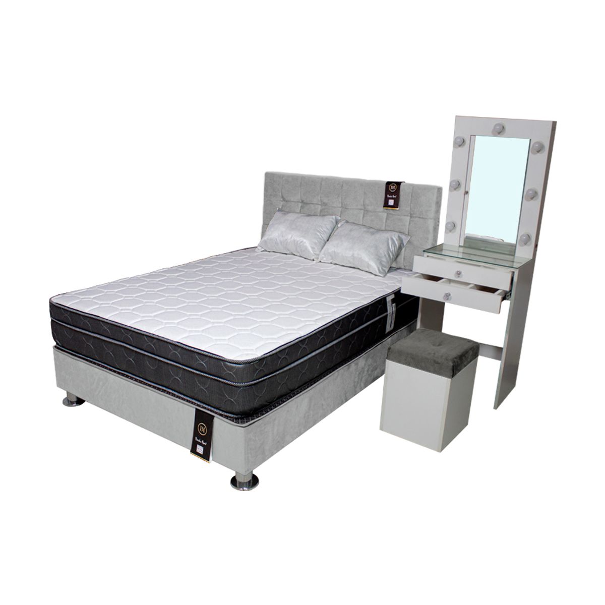 BARAKA HOME - Dormitorio Coquette 2 Plz + Cabecera + Tocador + Puff - Gris Claro