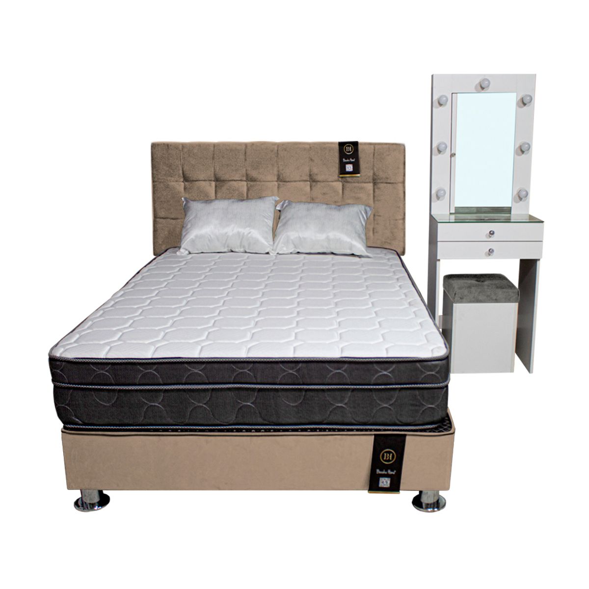 BARAKA HOME - Dormitorio Coquette 2 Plz + Cabecera + Tocador + Puff - Beige Claro