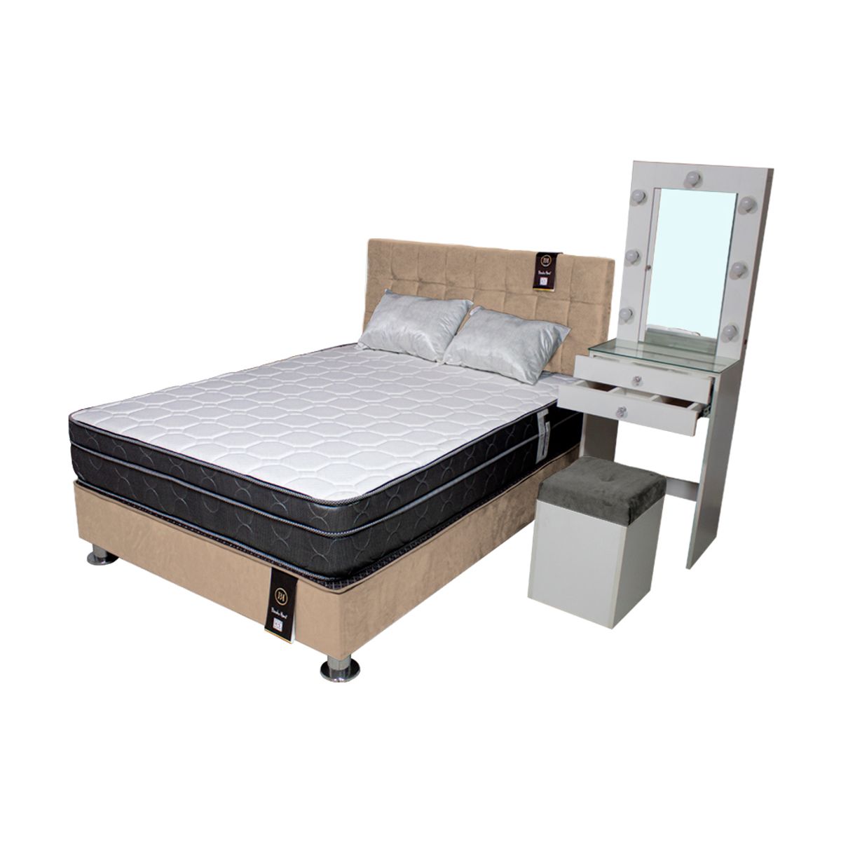 BARAKA HOME - Dormitorio Coquette 2 Plz + Cabecera + Tocador + Puff - Beige Claro
