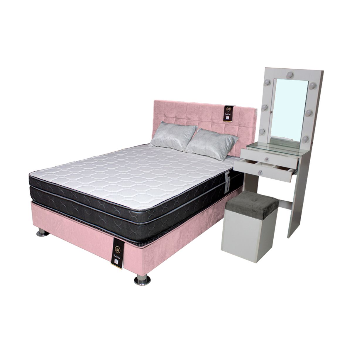 BARAKA HOME - Dormitorio Coquette 2 Plz + Cabecera + Tocador + Puff - Rosado